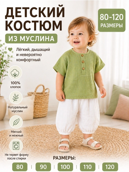 Детский костюм из муслина (футболка и шорты - 