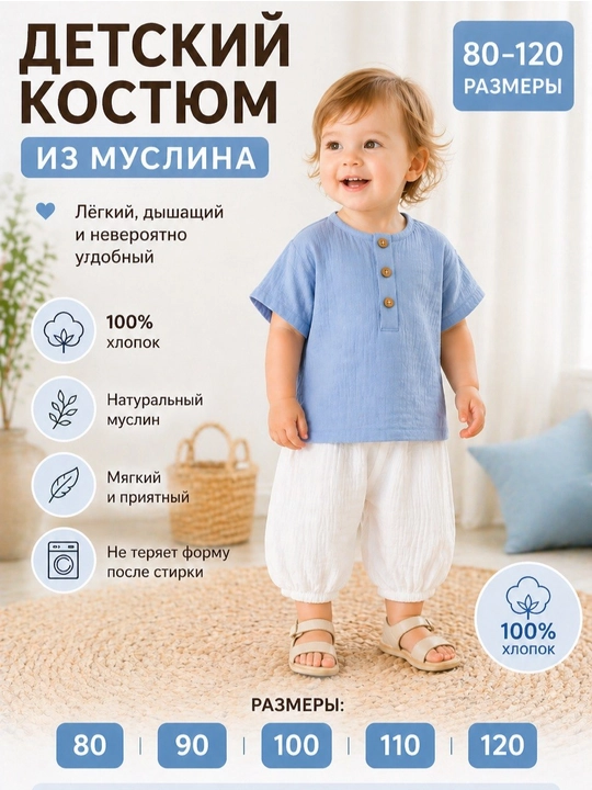 Детский костюм из муслина (футболка и шорты - 