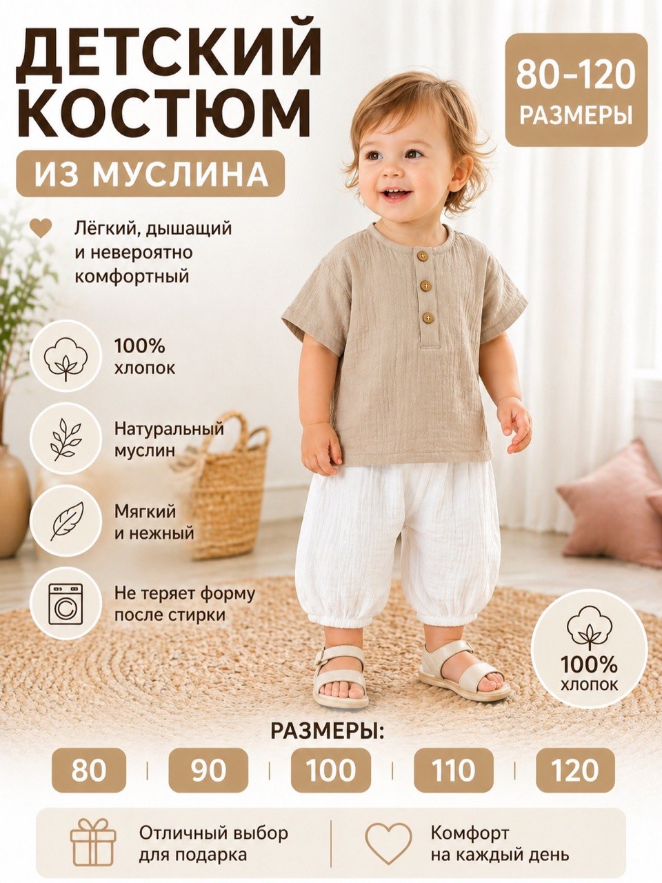 Детский костюм из муслина (футболка и шорты - 