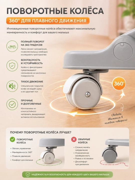 Детские ходунки для первых шагов, регулируемая высота, колёса 360°