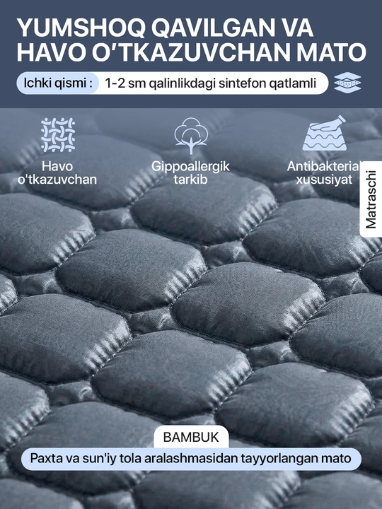 Bambukli matras uchun qoplama namatrasnik, rezinkali matrasga chexol