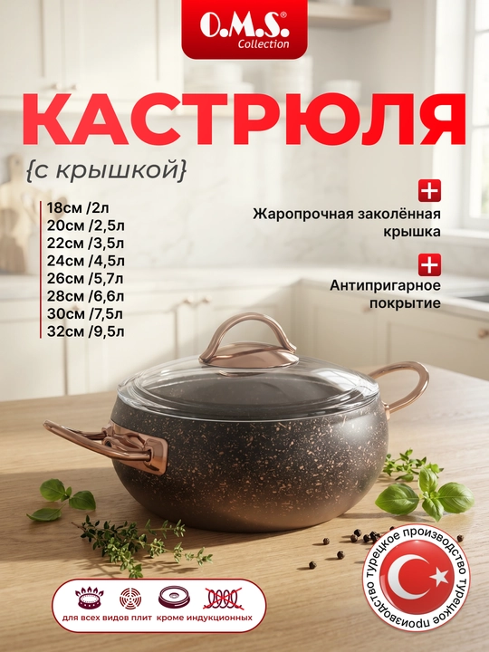 Кастрюля O.M.S Granit антипригарная, с крышкой 3141