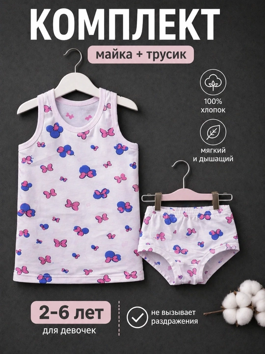 Детский комплект для девочек майка и трусики, хлопок, лёгкий, удобный, домашний с рисунком - 