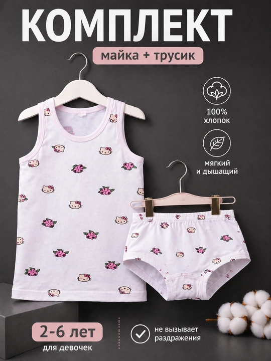 Детский комплект для девочек майка и трусики, хлопок, лёгкий, удобный, домашний с рисунком - 