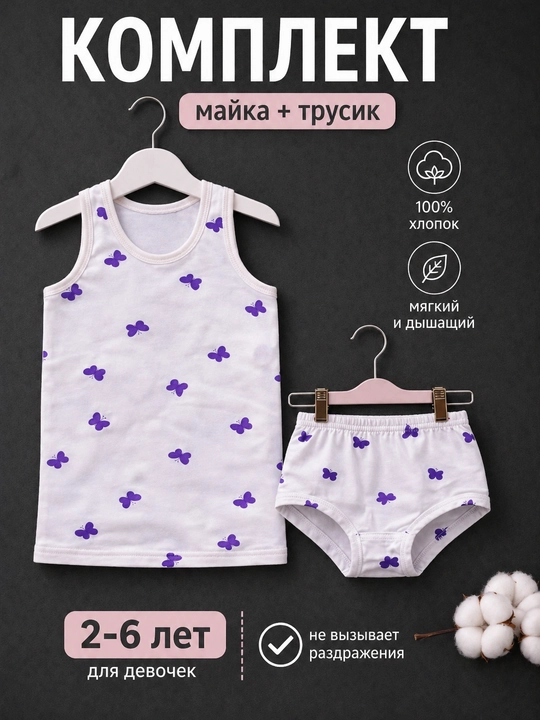Детский комплект для девочек майка и трусики, хлопок, лёгкий, удобный, домашний с рисунком - 