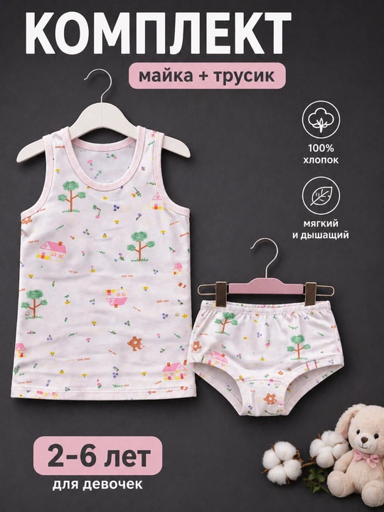 Детский комплект для девочек майка и трусики, хлопок, лёгкий, удобный, домашний с рисунком - 