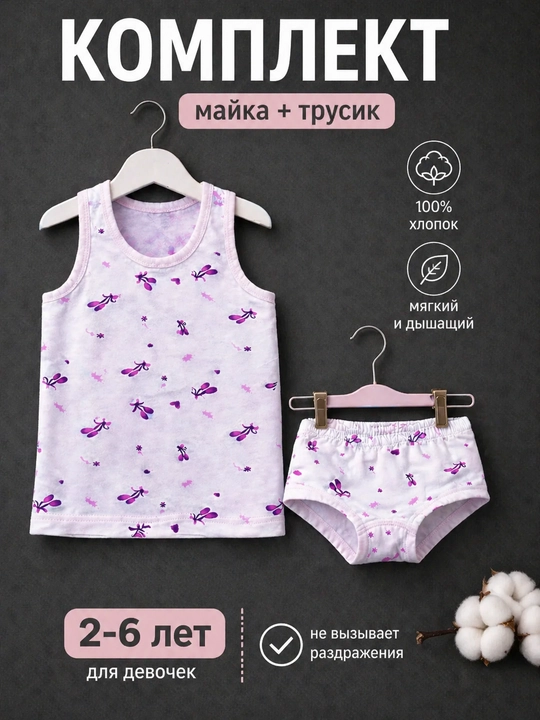 Детский комплект для девочек майка и трусики, хлопок, лёгкий, удобный, домашний с рисунком - 