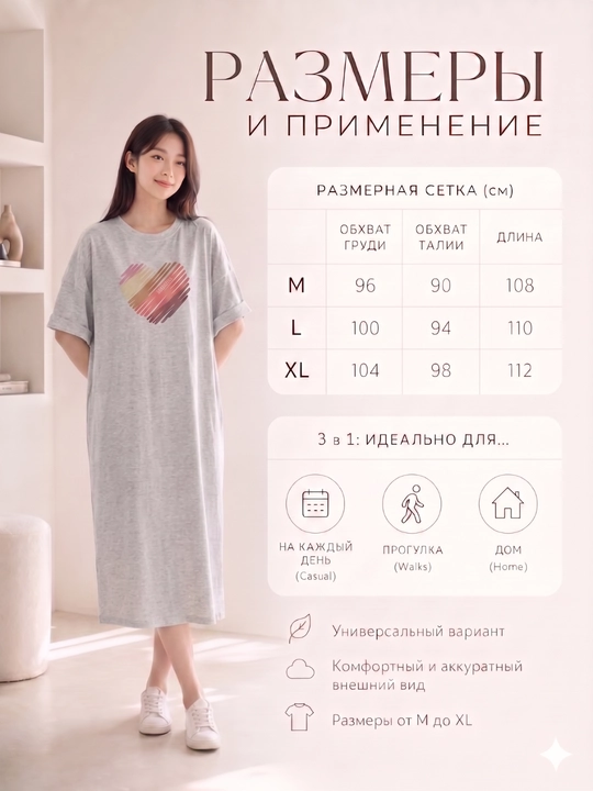 Платье-футболка женское, с принтом, белый/черный/серый, S-XL