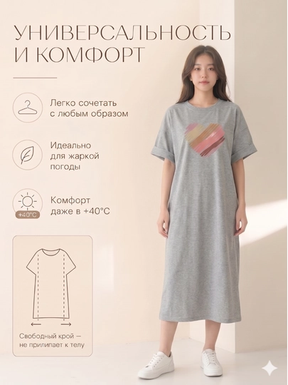 Платье-футболка женское, с принтом, белый/черный/серый, S-XL