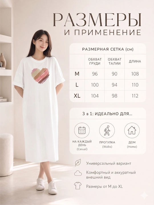 Платье-футболка женское, с принтом, белый/черный/серый, S-XL