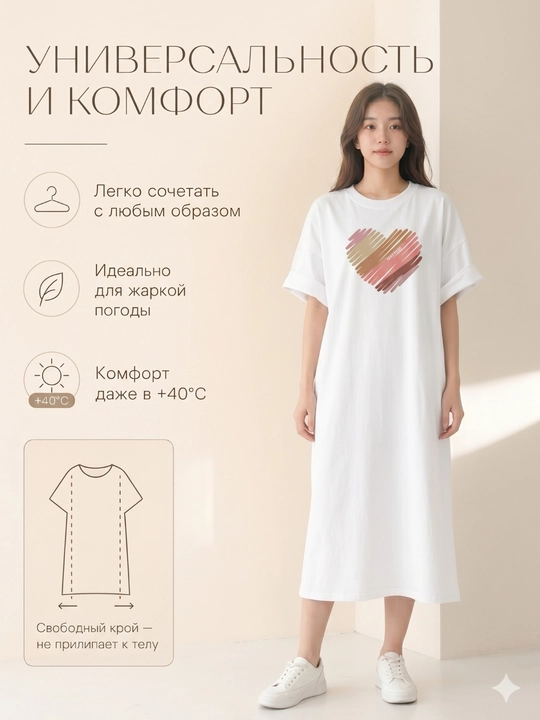 Платье-футболка женское, с принтом, белый/черный/серый, S-XL