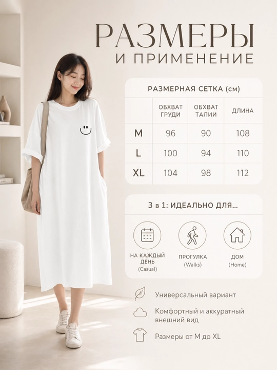 Платье-футболка женское, с принтом, белый/черный/серый, S-XL