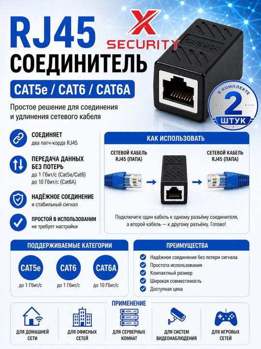 RJ-45/RJ-45 ulash adapteri, tarmoq va internet kabelini ulash muftasi 1000 mb - 