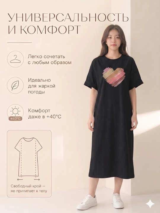 Платье-футболка женское, с принтом, белый/черный/серый, S-XL