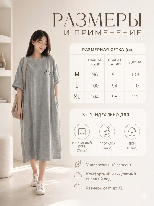 Платье-футболка женское, с принтом, белый/черный/серый, S-XL