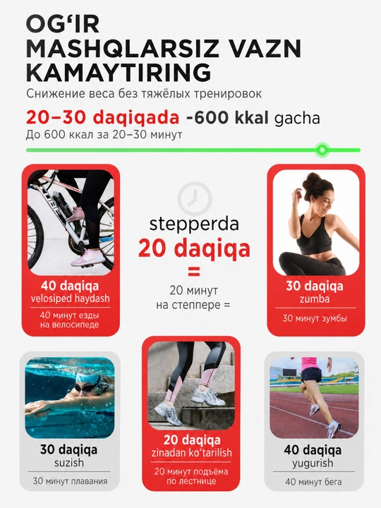 Stepper PRO espanderlar bilan, kardio, fitnes, oyoqlar va vazn yo‘qotish trenajyori