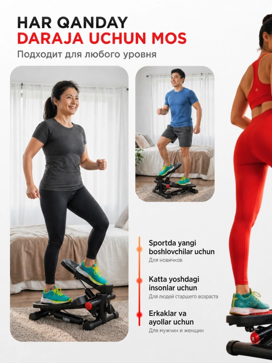 Stepper PRO espanderlar bilan, kardio, fitnes, oyoqlar va vazn yo‘qotish trenajyori