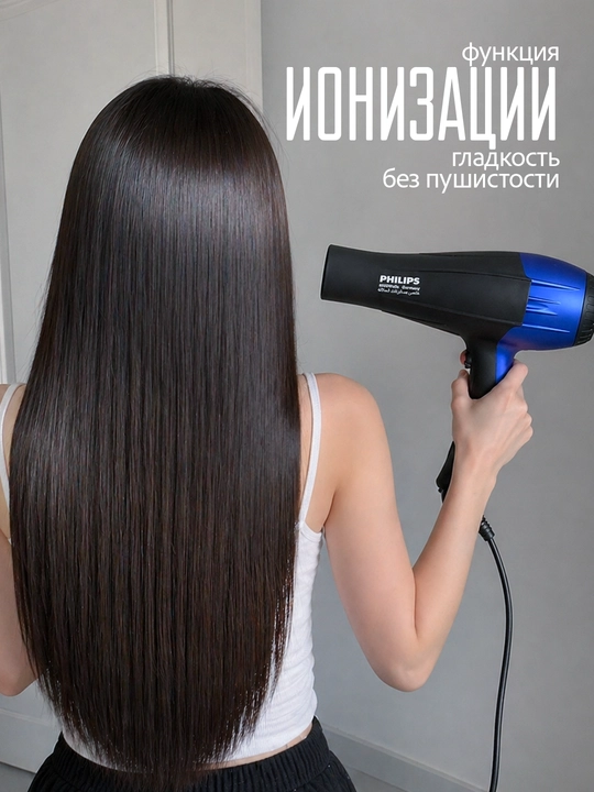 Фен для волос профессиональный PH 6958/8080, для сушки и укладки, с насадками