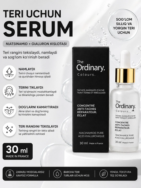 The Ordinary Niacinamide + Hyaluronic Acid Serum 30 ml– yuz uchun akne va dog‘larga qarshi - 