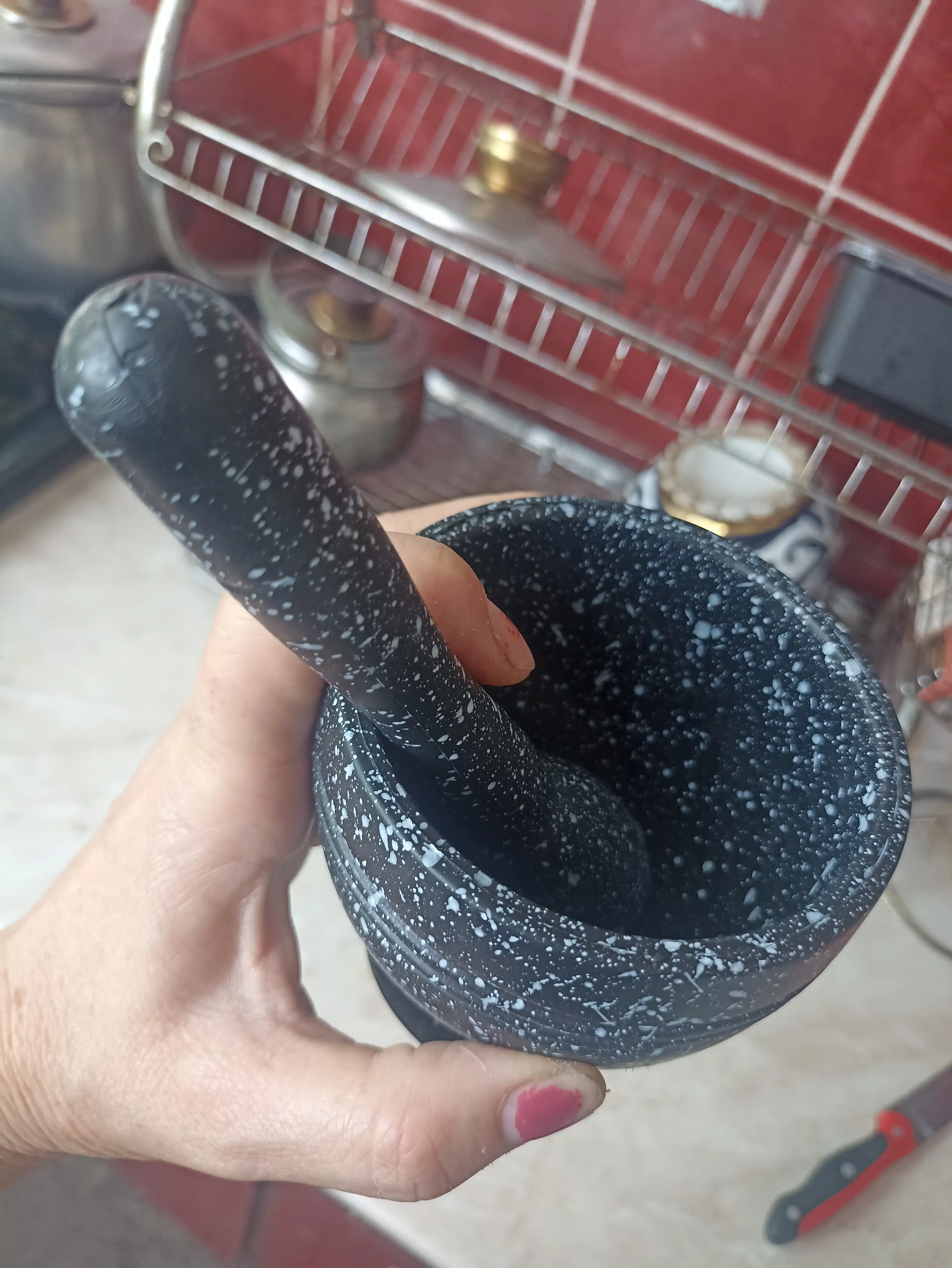 Ступка с пестиком, цвет черный мрамор, твердый пластик