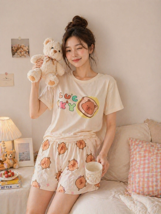 Ayollar pijama to'plami, ayiqcha bosmali uy kiyimi, yozgi, qulay - 