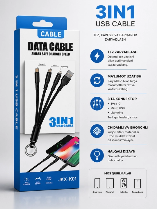 3in1 USB Кабель JKK-K01 – Type-C, Micro USB и Lightning Быстрая Зарядка - 