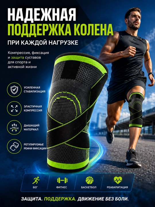 Наколенник компрессионный спортивный с фиксацией для бега, фитнеса и поддержки колена - 