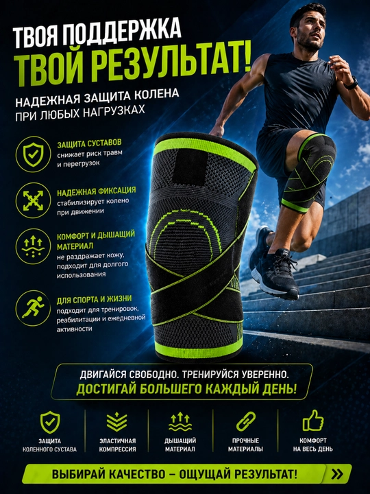 Наколенник компрессионный, спортивный, с фиксацией для бега, фитнеса и поддержки колена