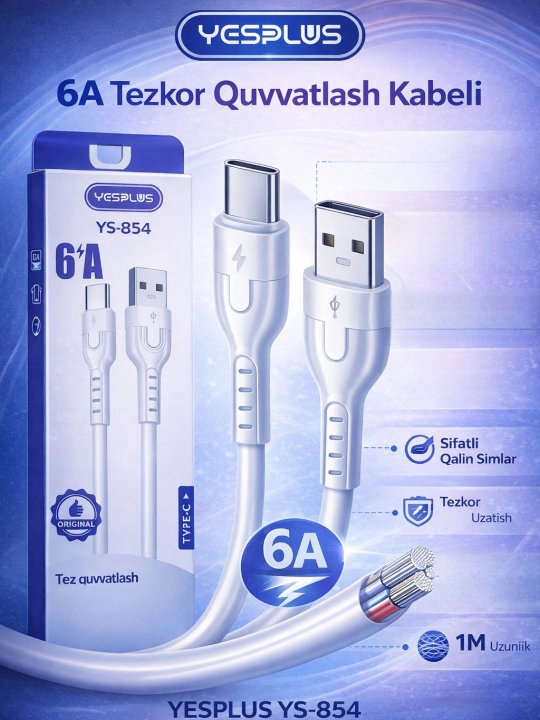 YGSPLUS YS-854 Type-C USB kabel 6A Fast Charging tez zaryadlash data kabel - 