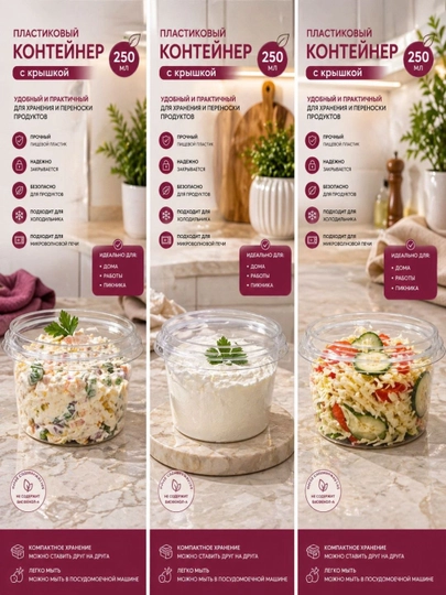 Контейнер для хранения продуктов с крышкой, компактный, для дома, офиса и пикника, 250 мл