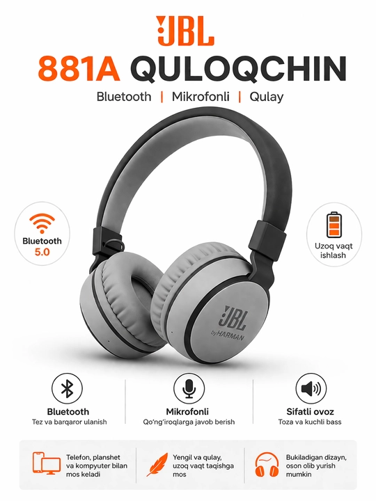 JBL 881A simsiz Bluetooth quloqchin, mikrofonli, bukiladigan dizayn