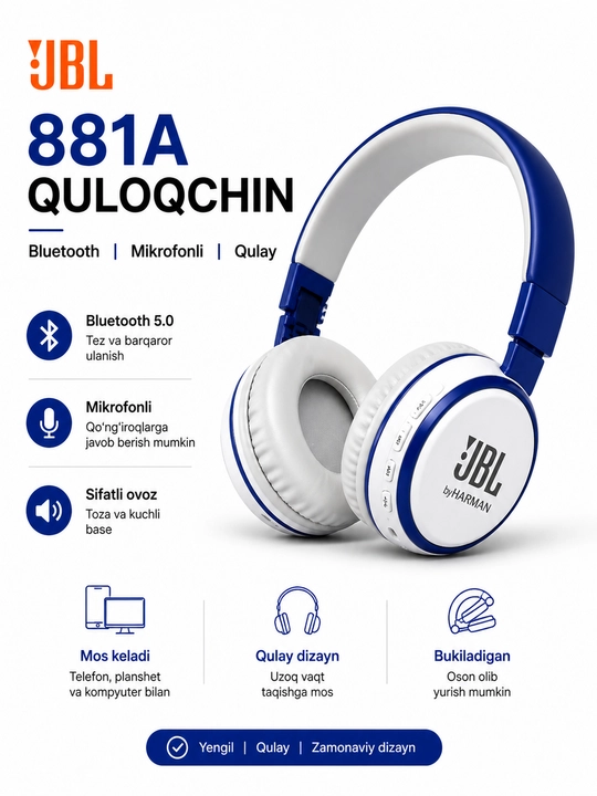 JBL 881A simsiz Bluetooth quloqchin, mikrofonli, bukiladigan dizayn
