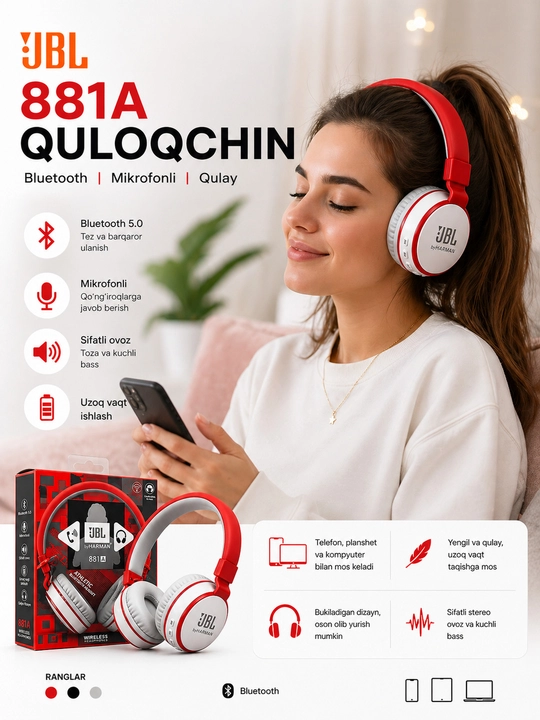 JBL 881A simsiz Bluetooth quloqchin, mikrofonli, bukiladigan dizayn