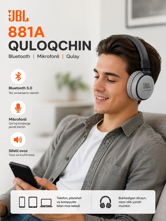 JBL 881A simsiz Bluetooth quloqchin, mikrofonli, bukiladigan dizayn