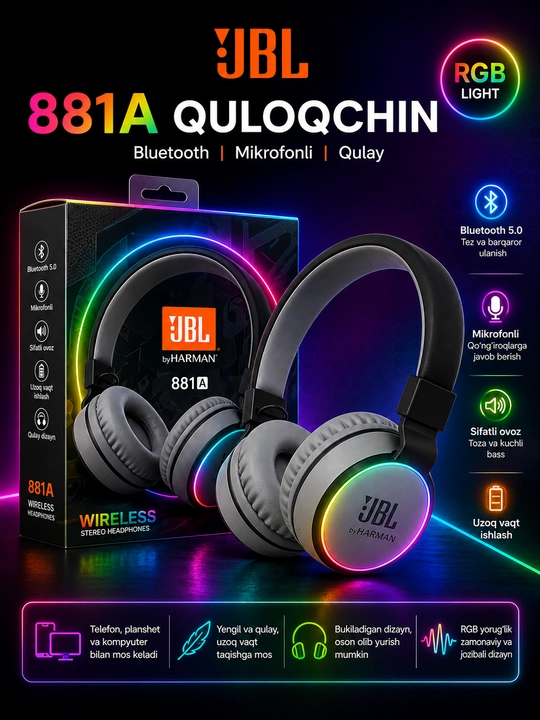JBL 881A simsiz Bluetooth quloqchin, mikrofonli, bukiladigan dizayn