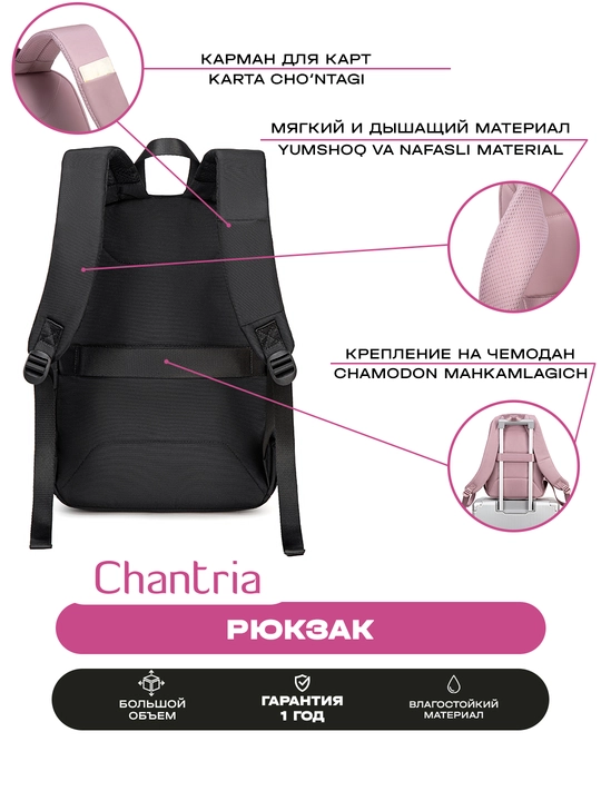 Chantria ayollar ryukzagi, shahar uchun, noutbuk uchun, suvga chidamli, sig'imli sumka
