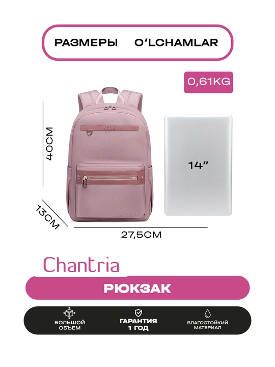 Chantria ayollar ryukzagi, shahar uchun, noutbuk uchun, suvga chidamli, sig'imli sumka