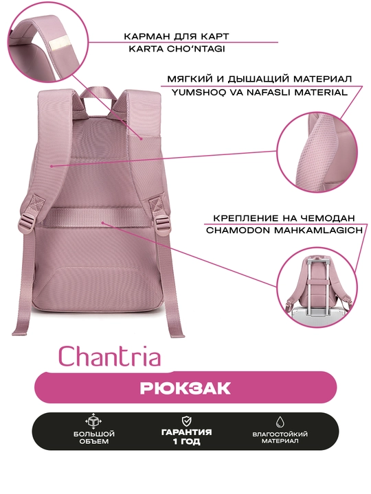Chantria ayollar ryukzagi, shahar uchun, noutbuk uchun, suvga chidamli, sig'imli sumka