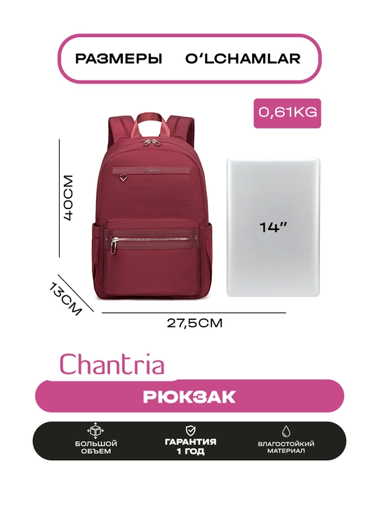 Chantria ayollar ryukzagi, shahar uchun, noutbuk uchun, suvga chidamli, sig'imli sumka