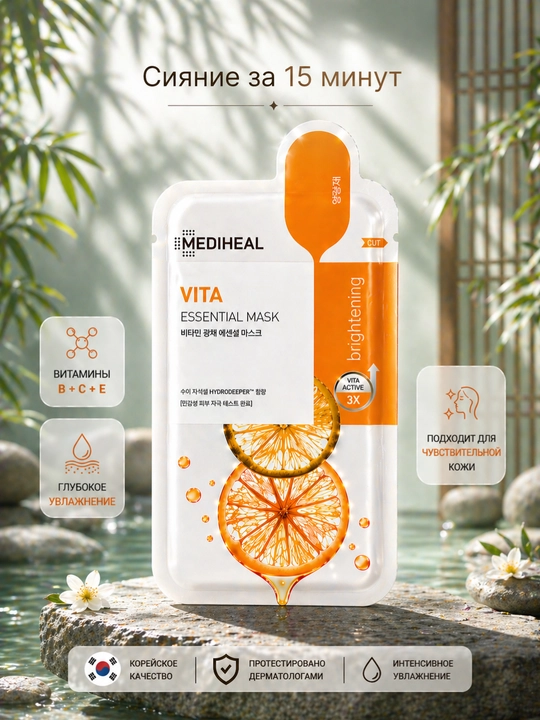 Mediheal Vita Essential Mask —  Oqartiruvchi va Vitaminli Koreys Sheet Maska, 24ml - 