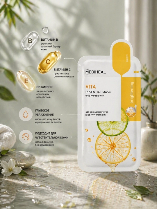 Mediheal Vita Essential Mask — Осветляющая корейская тканевая маска с витаминами, 24мл