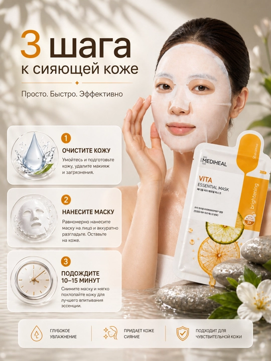 Mediheal Vita Essential Mask — Осветляющая корейская тканевая маска с витаминами, 24мл