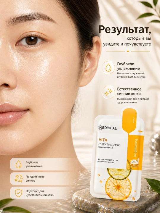 Mediheal Vita Essential Mask — Осветляющая корейская тканевая маска с витаминами, 24мл