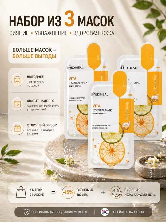 Mediheal Vita Essential Mask — Осветляющая корейская тканевая маска с витаминами, 24мл