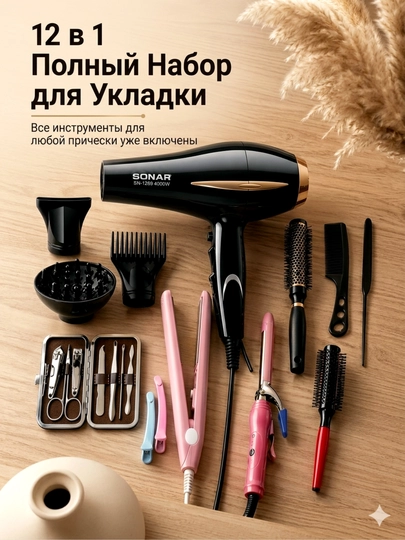 SONAR 12в1 набор для укладки волос – Фен, выпрямитель и плойка — DS998-CHUIFENGJI324
