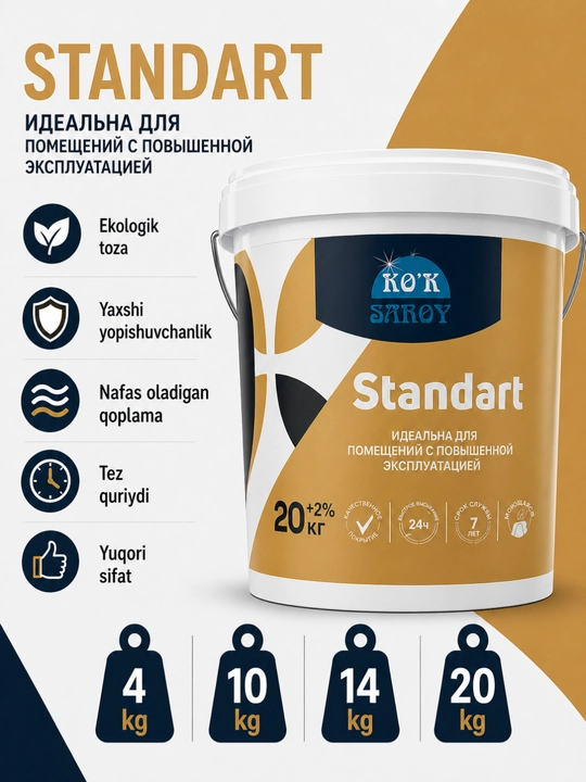 KOK SAROY Standard bo‘yog‘i - ichki devorlar uchun suv asosidagi ekologik toza bo‘yoq. - 