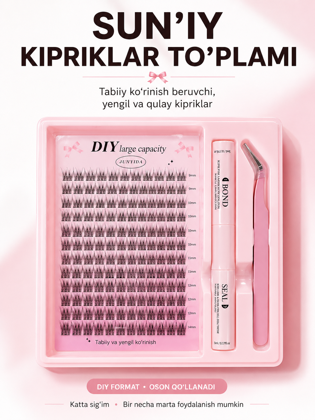 Qo‘shimcha kipriklar to‘plami - 144 dona, yelim va pinset bilan, tabiiy effekt uchun