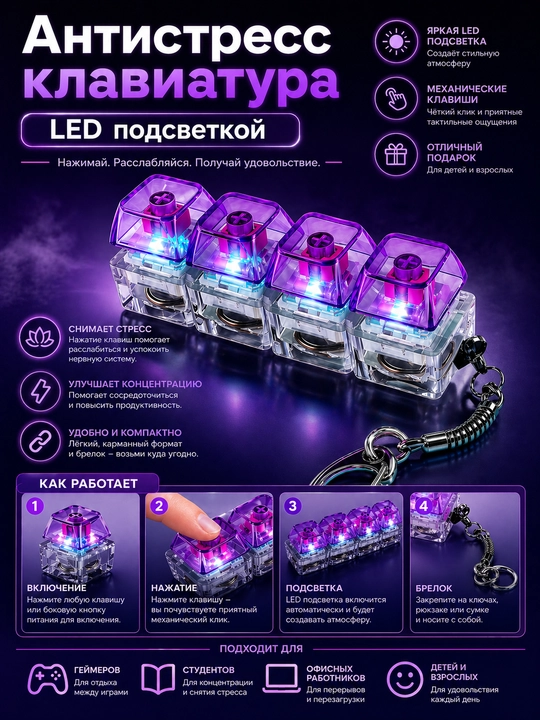 Антистресс клавиатура с LED подсветкой, брелок антистресс - 