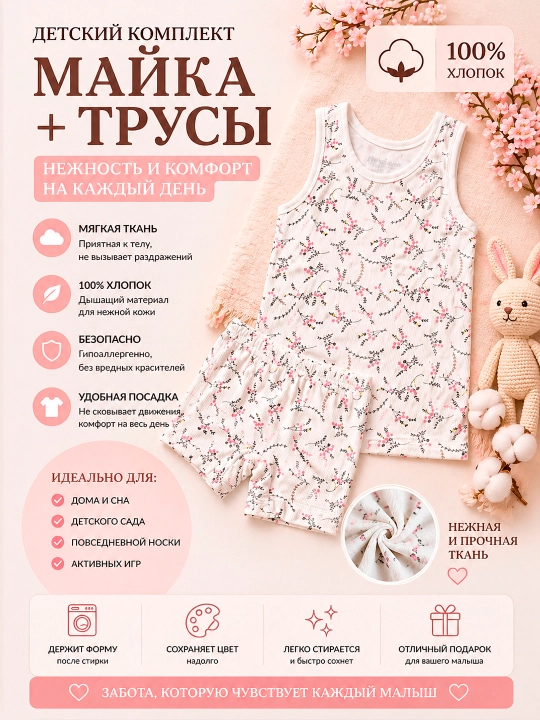 Комплект детского белья майка и трусы, детский набор из хлопка, нижнее белье для детей - 