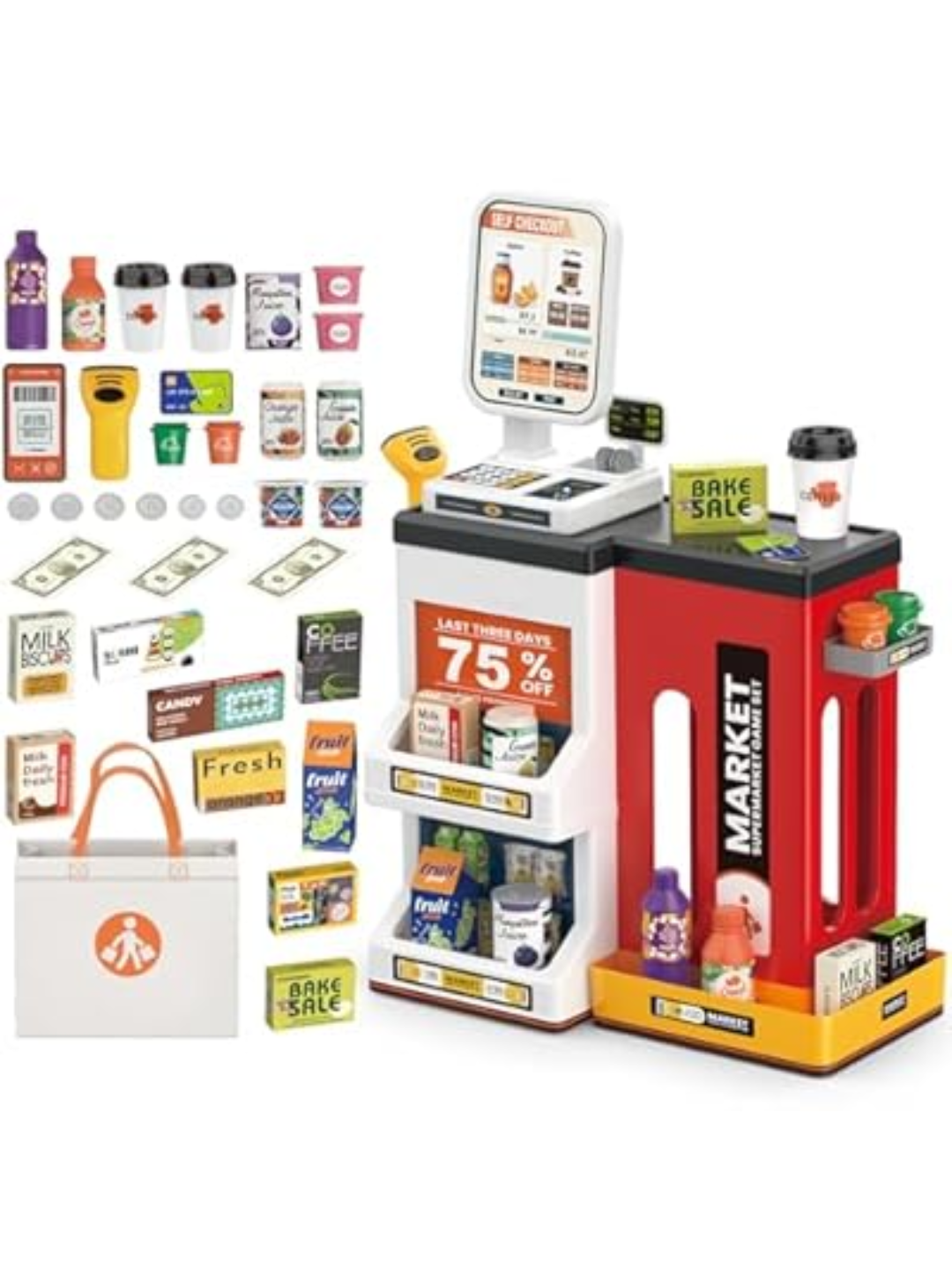 Bolalar uchun Supermarket o‘yin to‘plami 47 dona, kassa apparati, skaner tovushli - 